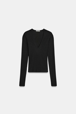 ZARA ТОП В РУБЧИК С ДЛИННЫМИ РУКАВАМИ, ЧЕРНЫЙ