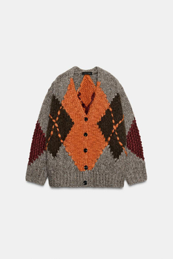 ZARА КАРДИГАН С УЗОРОМ «РОМБЫ», КОРИЧНЕВЫЙ С СЕРЫМ ОТТЕНКОМ