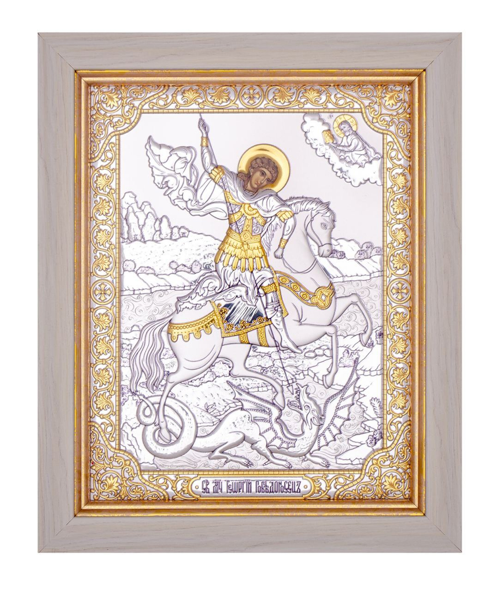 Георгий Победоносец, икона прямоугольная в рамке под стеклом, белое дерево 232х280