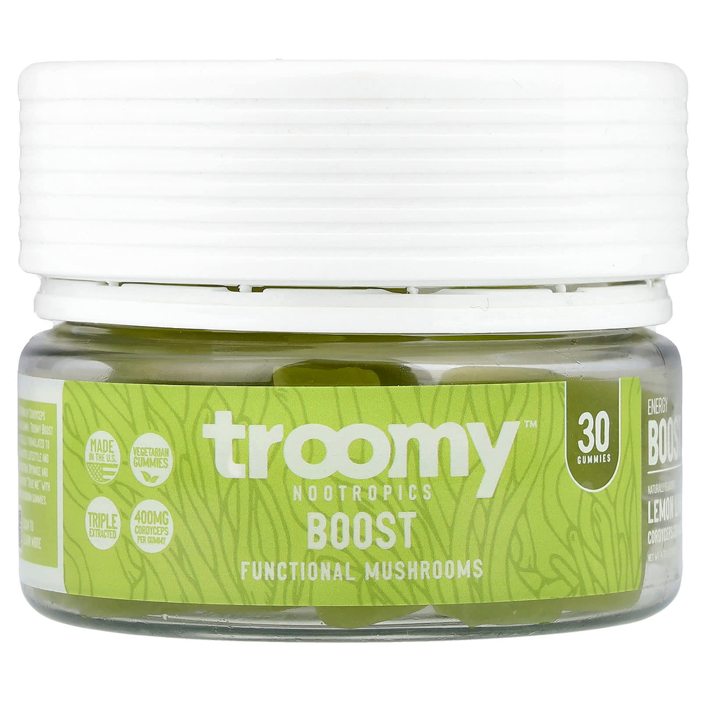 Troomy Nootropics, Boost, функциональные жевательные таблетки с грибами, лимон и лайм, 30 жевательных таблеток