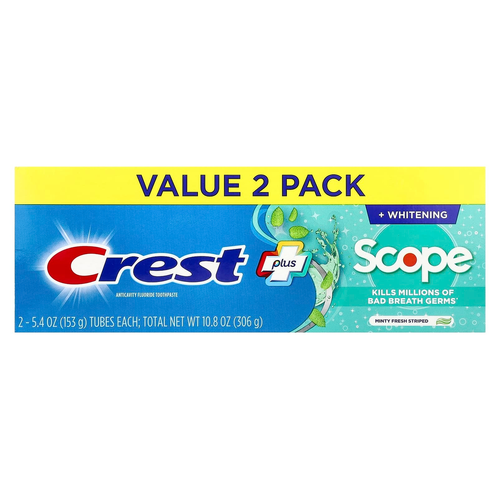 Crest, Plus Scope, зубная паста с фторидом против кариеса, свежая мята, 2 шт. в упаковке, по 153 г (5,4 унции)
