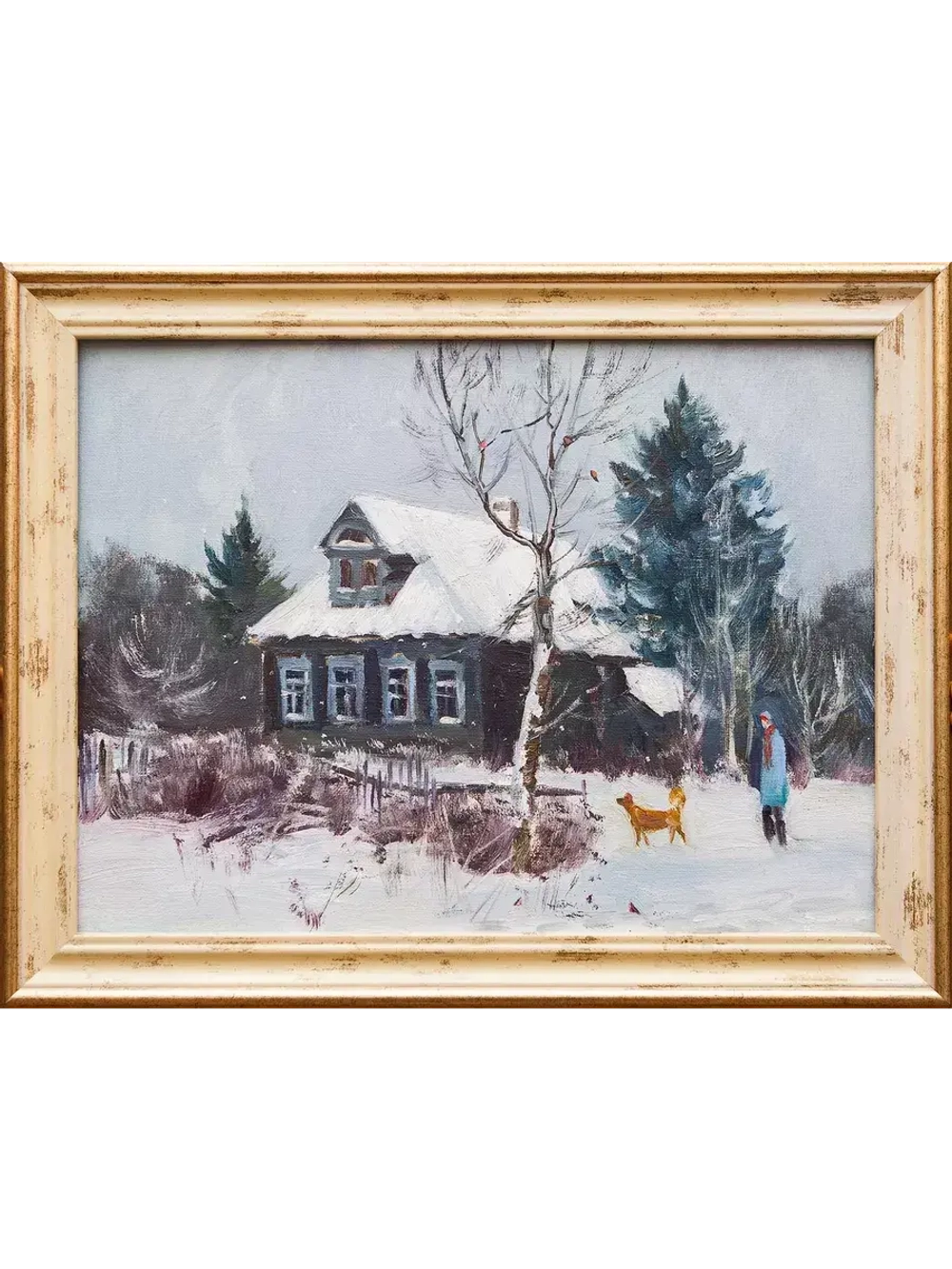 Картина маслом "Снежно в деревне" Рубцова