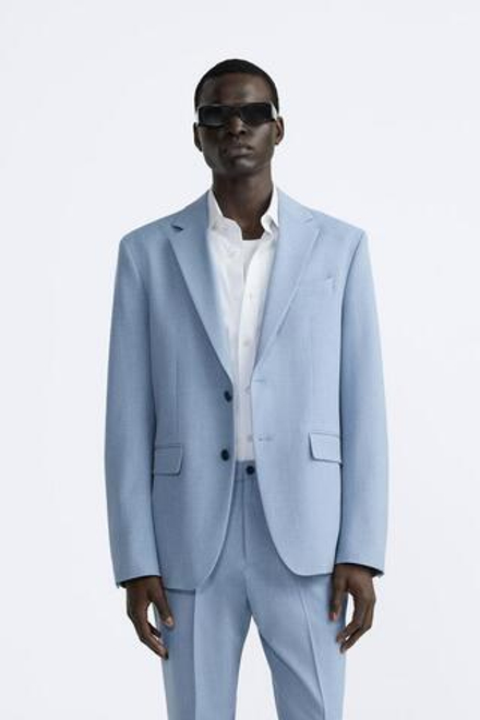 ZARA КОСТЮМНЫЙ ПИДЖАК ИЗ РЕЛЬЕФНОЙ ТКАНИ, НЕБЕСНО-ГОЛУБОЙ