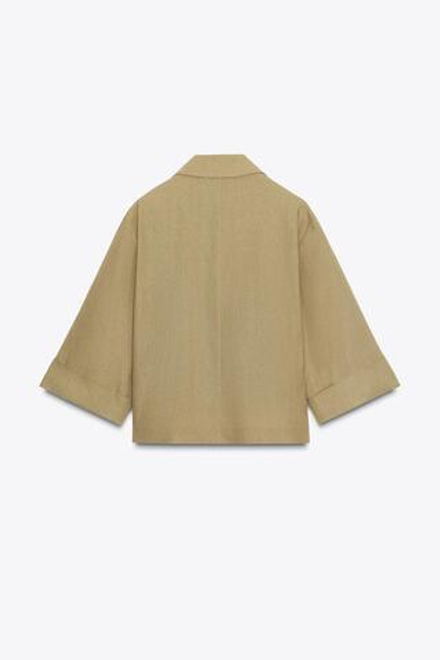 ZARA КОРОТКИЙ ДВУБОРТНЫЙ БЛЕЙЗЕР ИЗ ЛЬНЯНОЙ ТКАНИ, ЦВЕТ ОЛИВКОВОГО МАСЛА