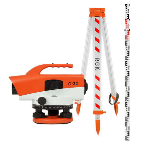 Комплект - оптический нивелир RGK C-32, рейка AMO S3 и штатив RGK S6-N C32S6S3