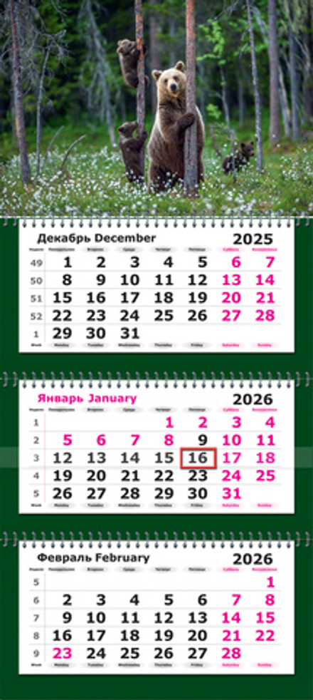 Календарь трехсекционный "ПРЕМИУМ" на 2026 год, "Медвежья семейка"