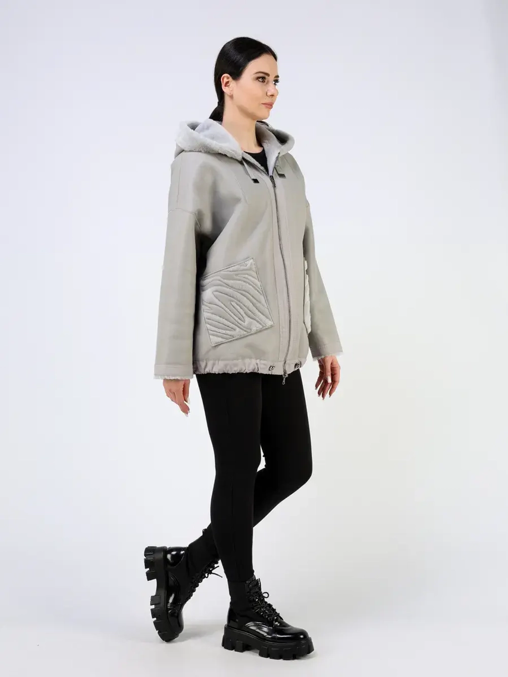 Дубленка зимняя двухсторонняя шуба с капюшоном