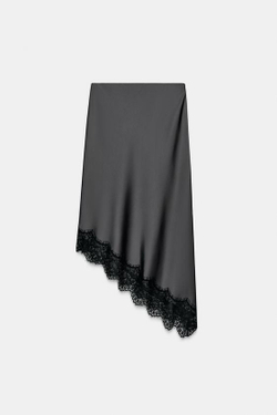 ZARA АТЛАСНАЯ ЮБКА С КРУЖЕВОМ, ТЕМНО-СЕРЫЙ
