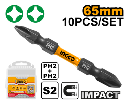 Набор ударных бит для шуруповерта IMPACT INGCO SDBIM21PH233 INDUSTRIAL PH2+PH2x65 мм 10 шт.