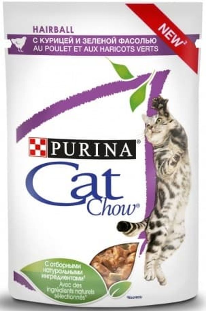 Влажный корм Cat Chow® для кошек с курицей и зеленой фасолью в соусе, контроль образования комков шерсти, Пауч 85 г Влажный корм Cat Chow® для кошек с курицей и зеленой фасолью в соусе, контроль образования комков шерсти, Пауч 85 г