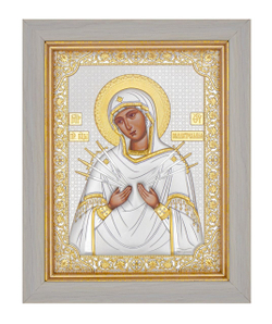 Семистрельная БМ, икона прямоугольная в рамке под стеклом, белое дерево 232х280