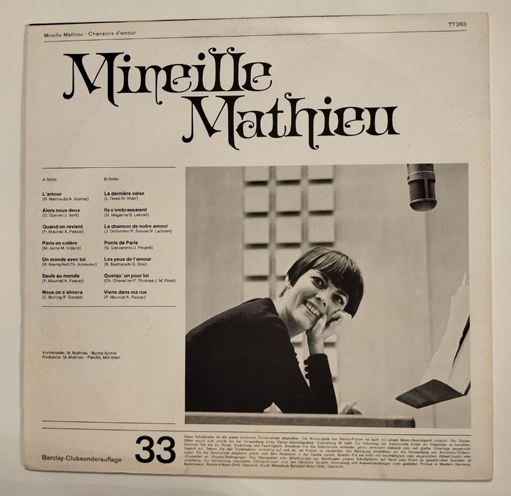 Винтажная виниловая пластинка LP Mireille Mathieu Мирей Матье Chansons DAmour (Germany 1968)