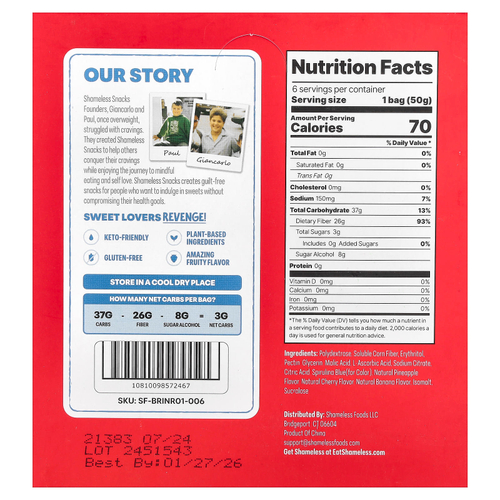 Shameless Snacks, Gummy Candy, кислая голубая малина, 6 пакетиков по 50 г (1,8 унции)