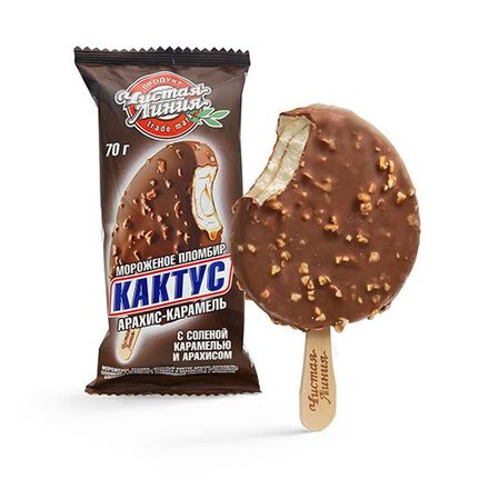Мороженое эскимо "ВЕСЕЛЫЙ КАКТУС"Арахис карамель" пломбир с ароматом арахиса и карамели 70гр.