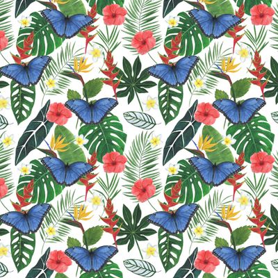 Бабочки на тропических листьях и цветах акварель