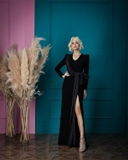 15-01-24 FW Платье в пол с пайетками и драпировкой в виде банта на талии, черный L