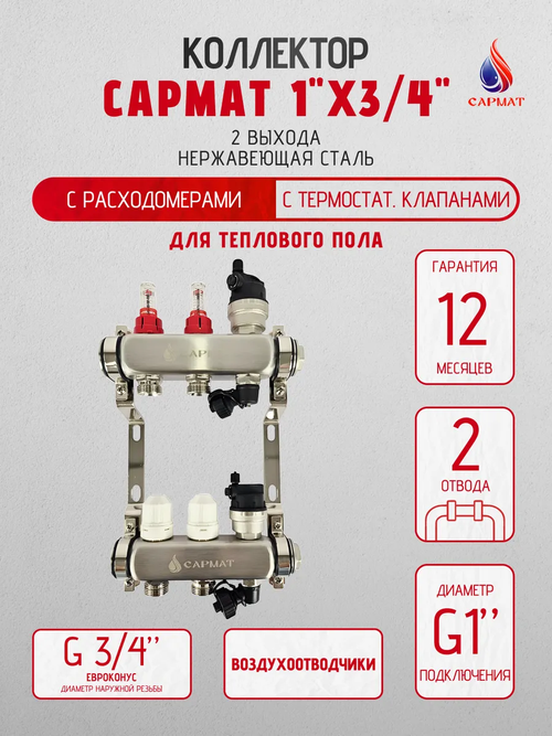 Коллекторная группа с расходомерами САРМАТ 1"x3/4" 2 вых. нерж с в /о SS2200 (CN)