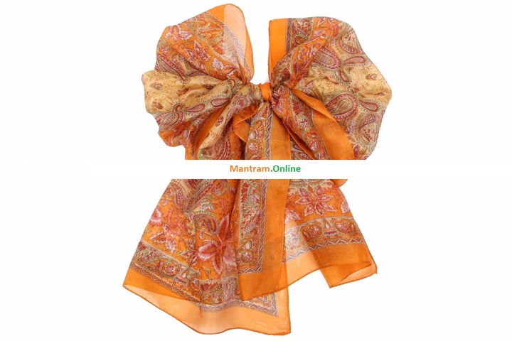 Шарф материал Шелк 100% "Плотный узор" цвет зеленый коричневый розовый красный на апельсиновом с апельсиновой каймой 170x50 см.