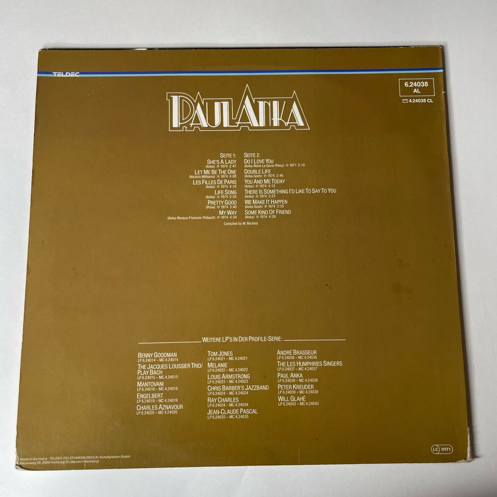 Винтажная виниловая пластинка LP Paul Anka My Way (Germany 1979)