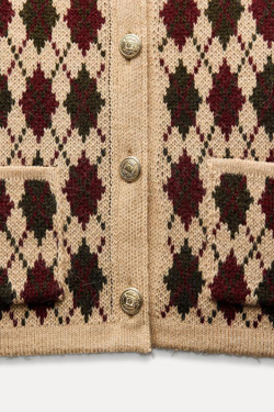 ZARA КАРДИГАН С УЗОРОМ «РОМБЫ», РЫЖЕВАТО-КОРИЧНЕВЫЙ