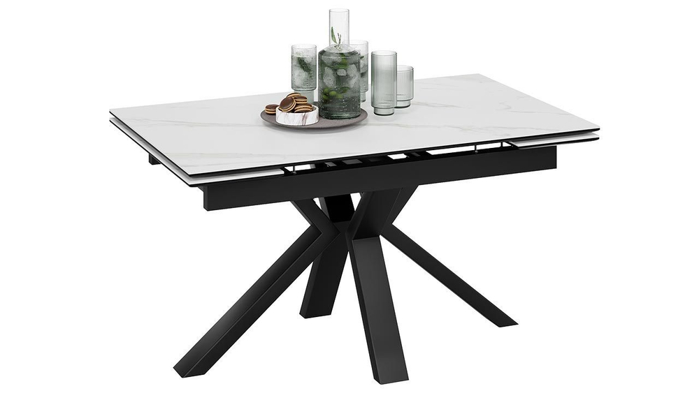 Стол кухонный обеденный раздвижной Черный муар/Керамика матовая белый мрамор 140(200)х85х76 см