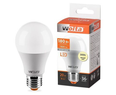 (4 шт.) Светодиодная лампочка Wolta лампа св/д ЛОН A65 E27 20W(1800lm) 3000K 2K 122x65 25Y65BL20E27 Теплый белый. Цоколь E27, Wolta