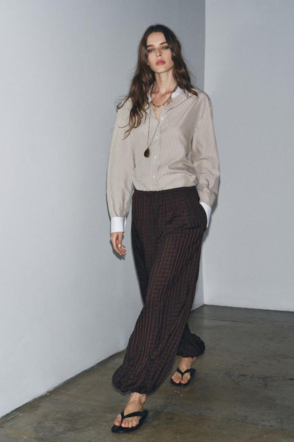 ZARA БРЮКИ-БАГГИ В КЛЕТКУ ВИШИ — ZW COLLECTION, ТЕМНО-БОРДОВЫЙ