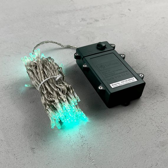 Светодиодная гирлянда 10 м., 3 батарейки типа D 4.5В., 100 LED ламп цвета аква, таймер, прозрачный провод, LTC (EST100-4W10-8A)