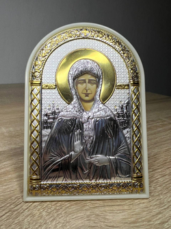 Матрона, икона арочная, пластик белый 80х115