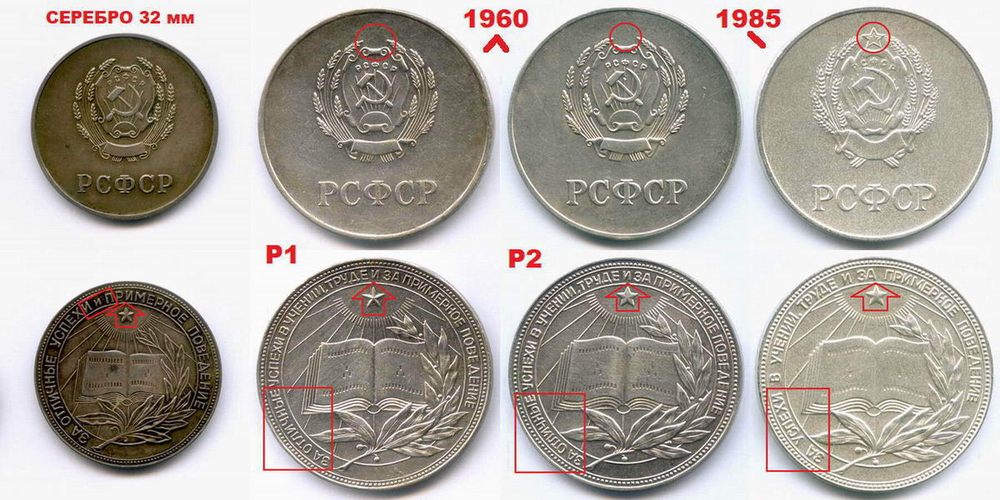 Школьная серебряная медаль РСФСР 1985 год (герб со звездой). Металл - мельхиор, диаметр 40 мм. UNC