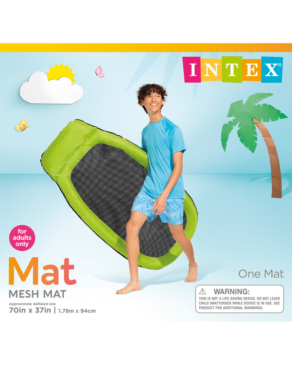 Матрас-шезлонг для плавания Intex 58836 Зеленый 178х94 см / Надувной плот Интекс с сетчатым дном и подголовником для бассейна и моря