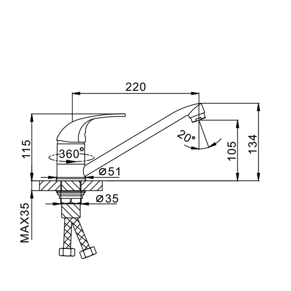 Смеситель для кухни 40к F4902-B FRAP (плоский пов.излив, п/гайку, хром, силумин)