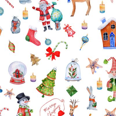 Christmas seamless texture on white background. Merry Christmas characters.
