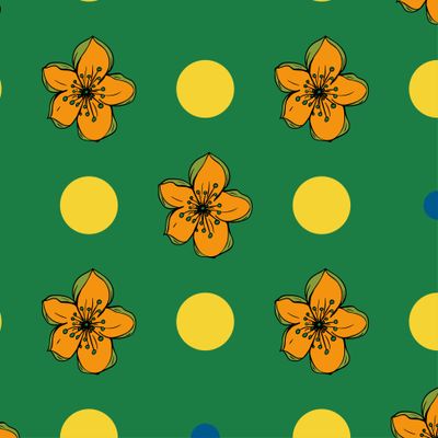 желтые цветы и круги на зеленом фоне