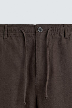 ZARA БРЮКИ RELAXED FIT ИЗ ХЛОПКА И ЛЬНА, КОРИЧНЕВЫЙ