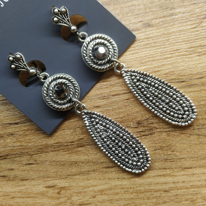 Серьги на англ.заст Bohemia Круг капля стразы металл античный серебристый 6,5х1,4 см