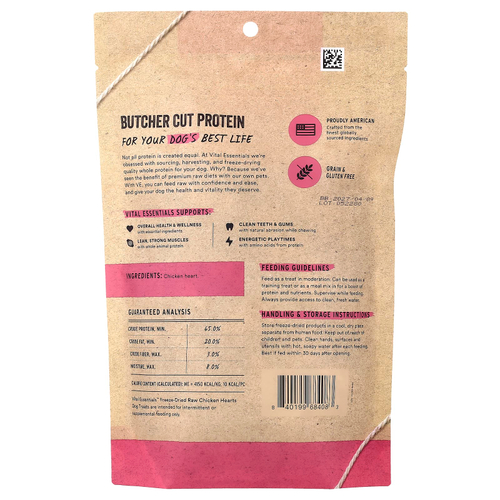 Vital Essentials, сублимированные необработанные лакомства для собак, со вкусом куриных сердечек, 106,3 г (3,75 унции)