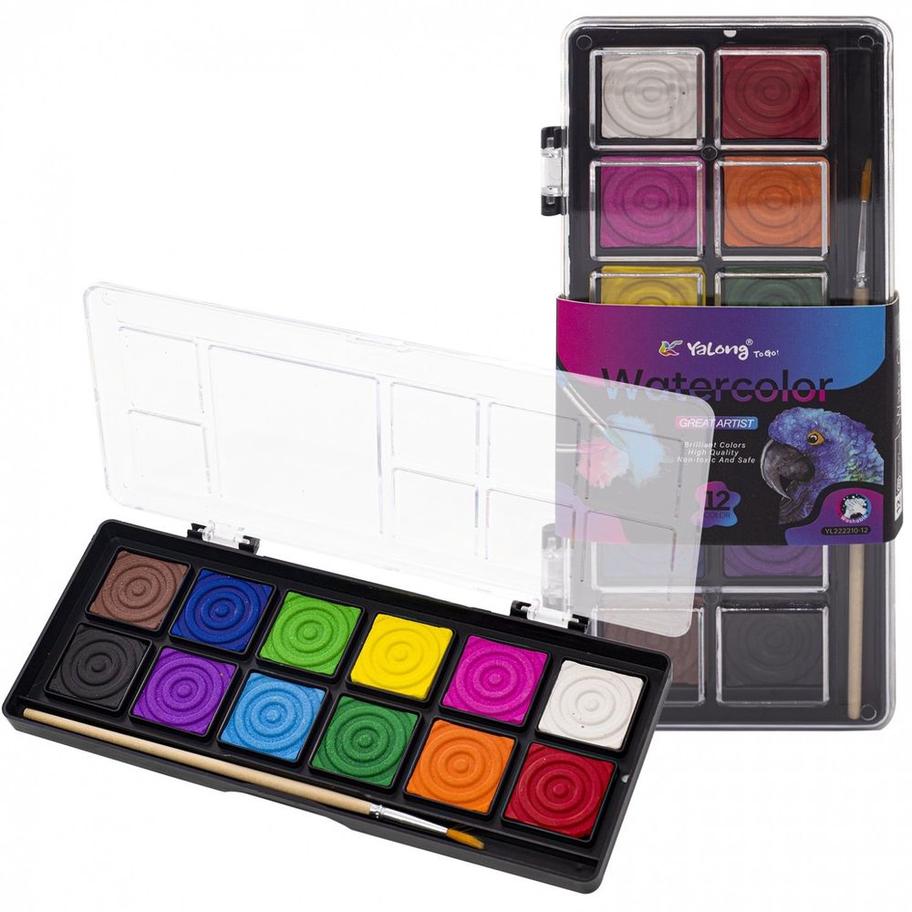 Акварель Yalong меловая, флуоресцентная 12 цветов, с кистью, пластик. упаковка, &quot;Неоновые животные&quot;