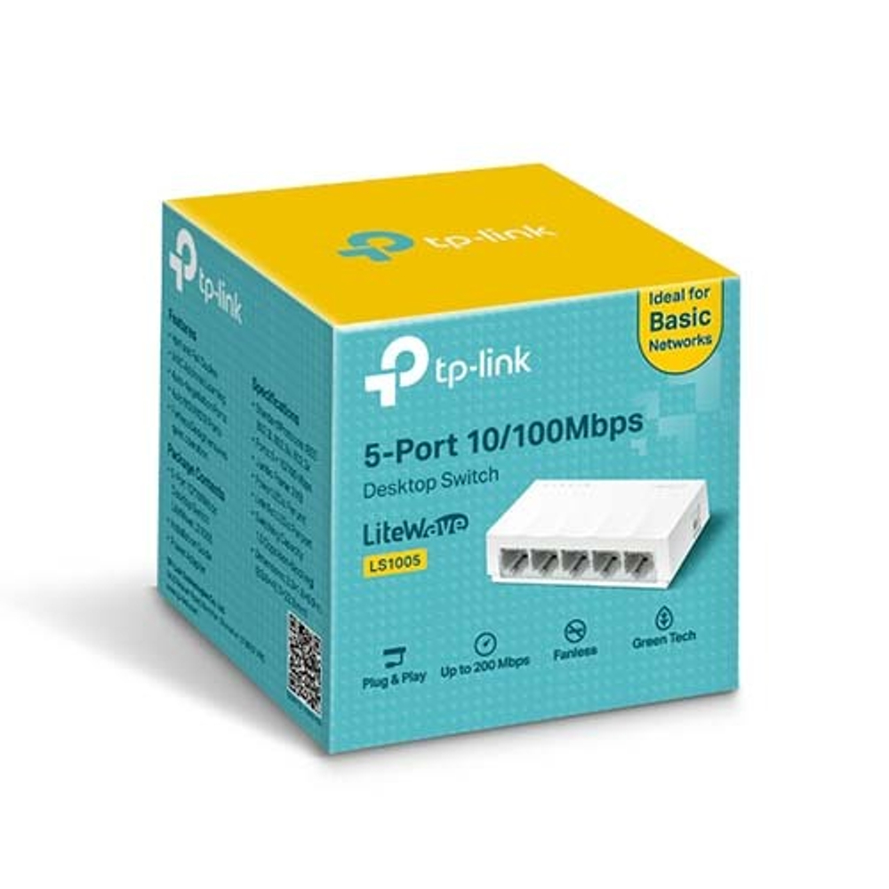 TP-Link LS1005  5-портовый настольный коммутатор 10/100 Мбит/с, 5 портов RJ45 10/100 Мбит/с, настольный пластиковый корпус