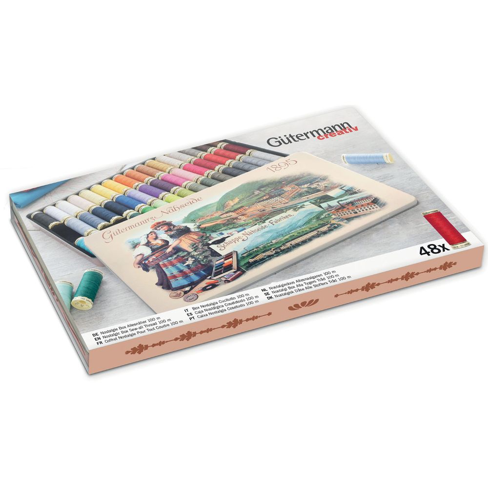Швейные нитки (набор) Gutermann Sew-all 100м, 48 катушек, ассорти в металлической коробке "Ностальгия"