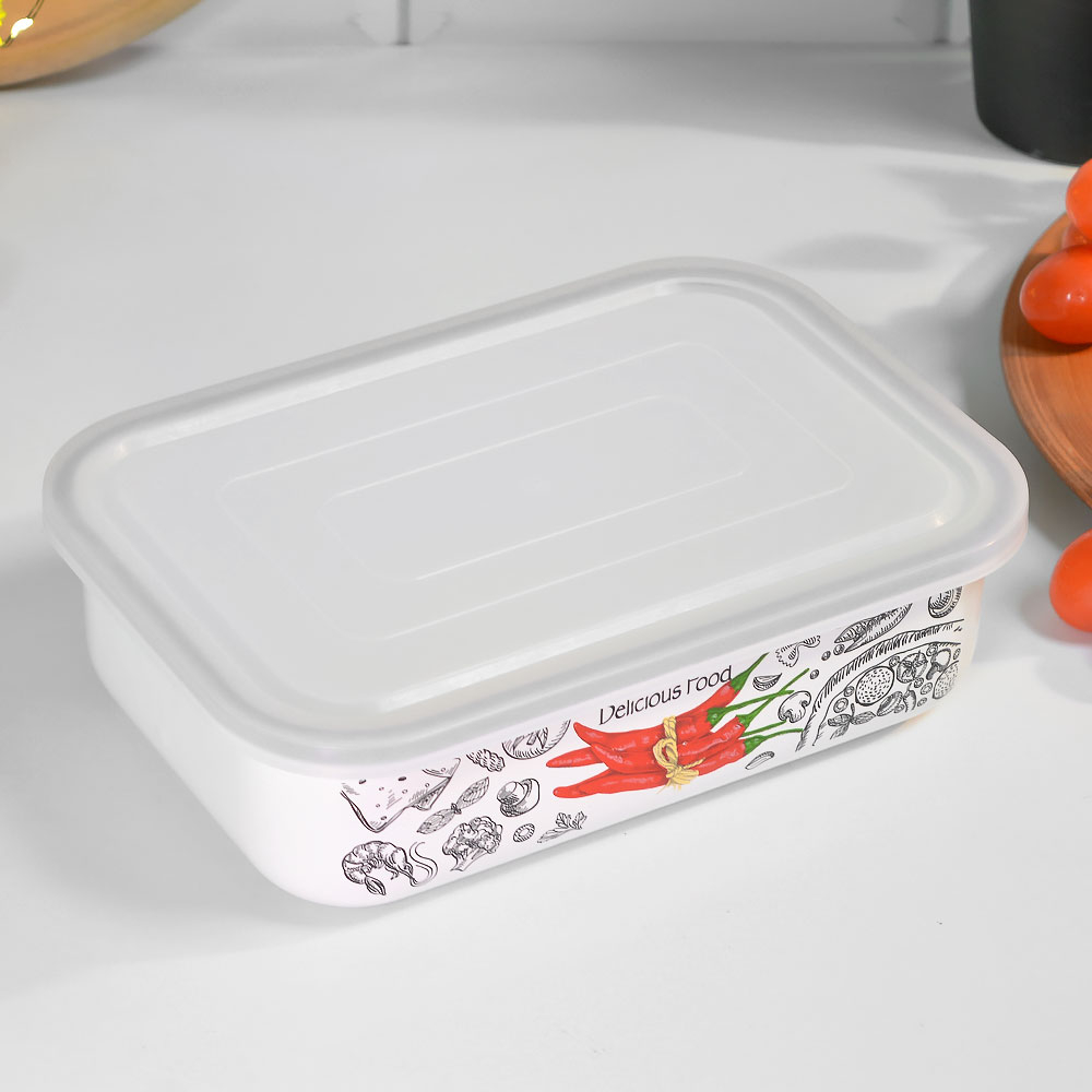 Лоток 1,5л эмалированный "Чили" с пластиковой крышкой, тм Appetite