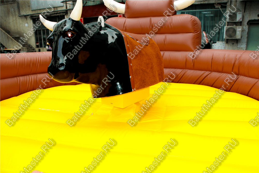 Надувной аттракцион Родео, бык+батут, черный с имитацией под кожу