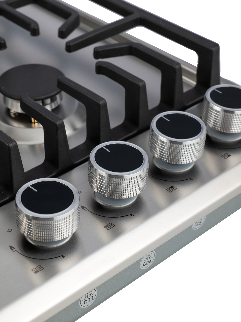 Газовая варочная панель 4 конфорки, нержавейка, с Wok-конфоркой, Электроподжиг, Газ-контроль, Решетки из чугуна, Macbi MBH64WXI.V2-SS