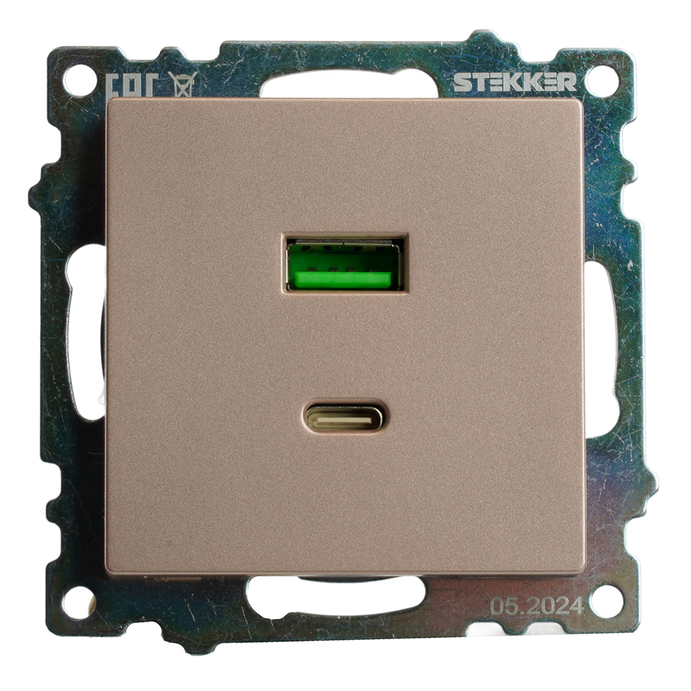 Розетка 2-местная USB + type C (механизм), STEKKER GLS10-7116-02, 250B, 3A, max 20W, серия Катрин, шампань 50056