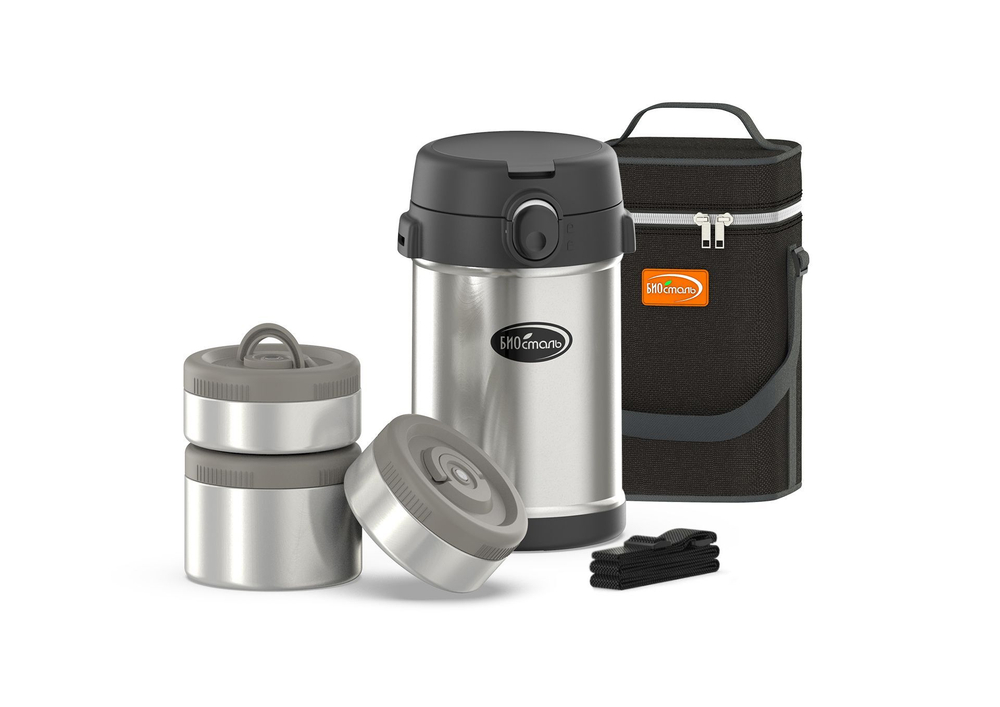 Термос для еды Biostal (2,1 литра), с термочехлом, 3-мя метал.конт., ложкой