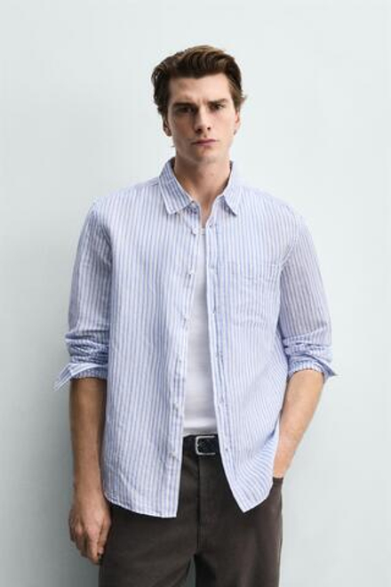 ZARА РУБАШКА REGULAR FIT ИЗ ЛЬНА И ХЛОПКА, СИНИЙ/БЕЛЫЙ