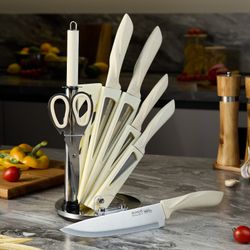 НАБОР НОЖЕЙ AGNESS С НОЖНИЦАМИ И МУСАТОМ НА ПЛАСТИКОВОЙ ПОДСТАВКЕ, 8 ПРЕДМЕТОВ