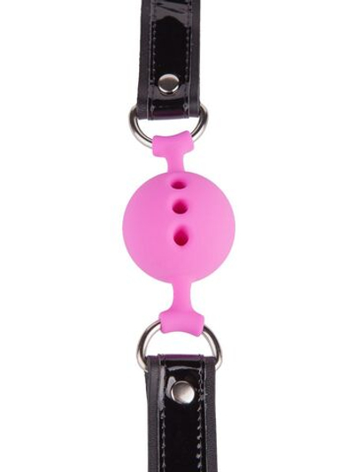 Розовый кляп-шар на черных кожаных ремешках (Цвет: розовый с черным)