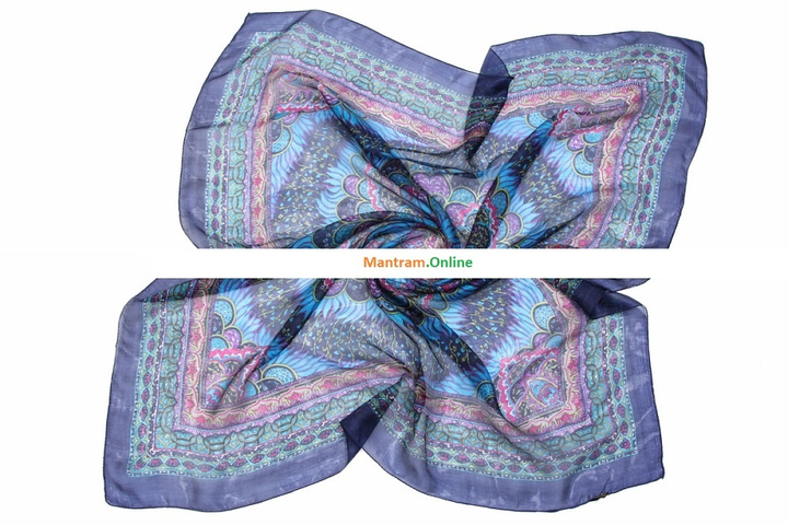 Платок материал Шелк 100% Плотный узор цвет зеленый голубой розовый сиреневый на темно-синем с темно-синей каймой 100x100см.