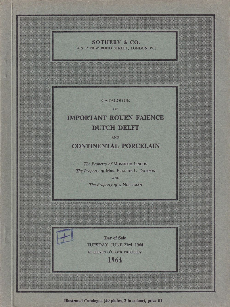 Каталог аукциона Sotheby's, Лондон, Руанский фаянс, фаянс Делфтской мануфактуры и другой европейский фарфор, включая частные коллекции от 23 июня 1964 года